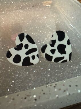 Cow Print Heart Stud Earrings Black White Western Cute Statement